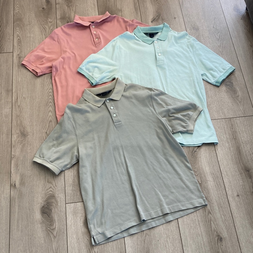 Lands’ End Polo Shirts Set Men’s Medium Collar Spring Tops Green Salmon 3 Shirts